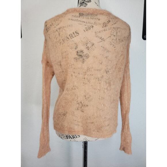 Obey Sweater Cardigan Womens Small Fuzzy Mohair Blend Tan Sheer Delicate - Picture 6 of 11
